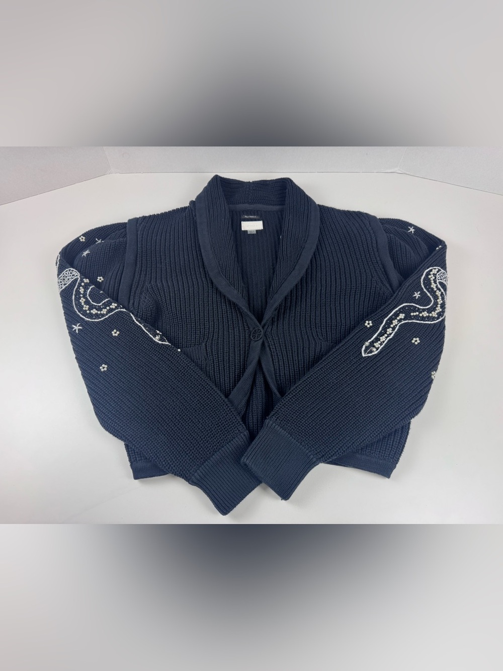 MOTHER Black Knit Puff Sleeve Cardigan with Snake Bead Design on Sleeves